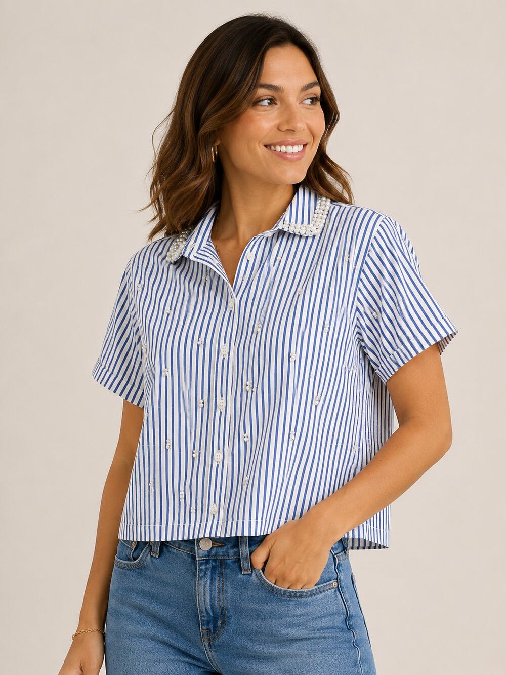 J. Crew Pearl Embellished Short Sleeve Striped Cropped Blouse Blue White 0